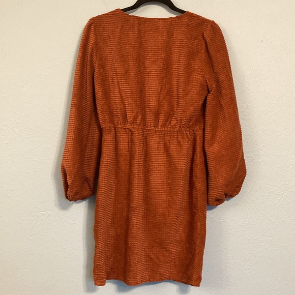 Simplee Womens Size M Rust Orange Corduroy Side Tie Faux Wrap Mini Dress Fall - Picture 9 of 16